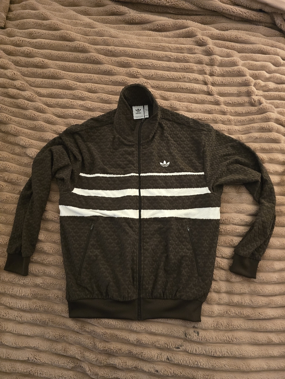 adidas Brown Quilted Bomber Jacket with White Stripes